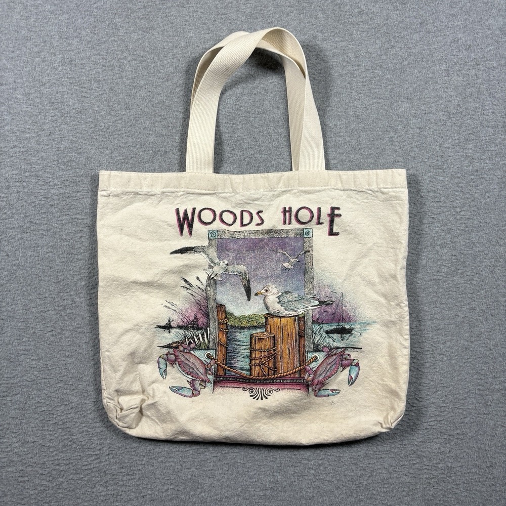 Vtg 90s Woods Hole Canvas Tote Bag Seagull Blue Crab Beach Souvenir Sansegal